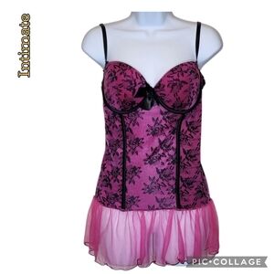Corset bustier pink/purple & black lace adj straps padded cups size xl